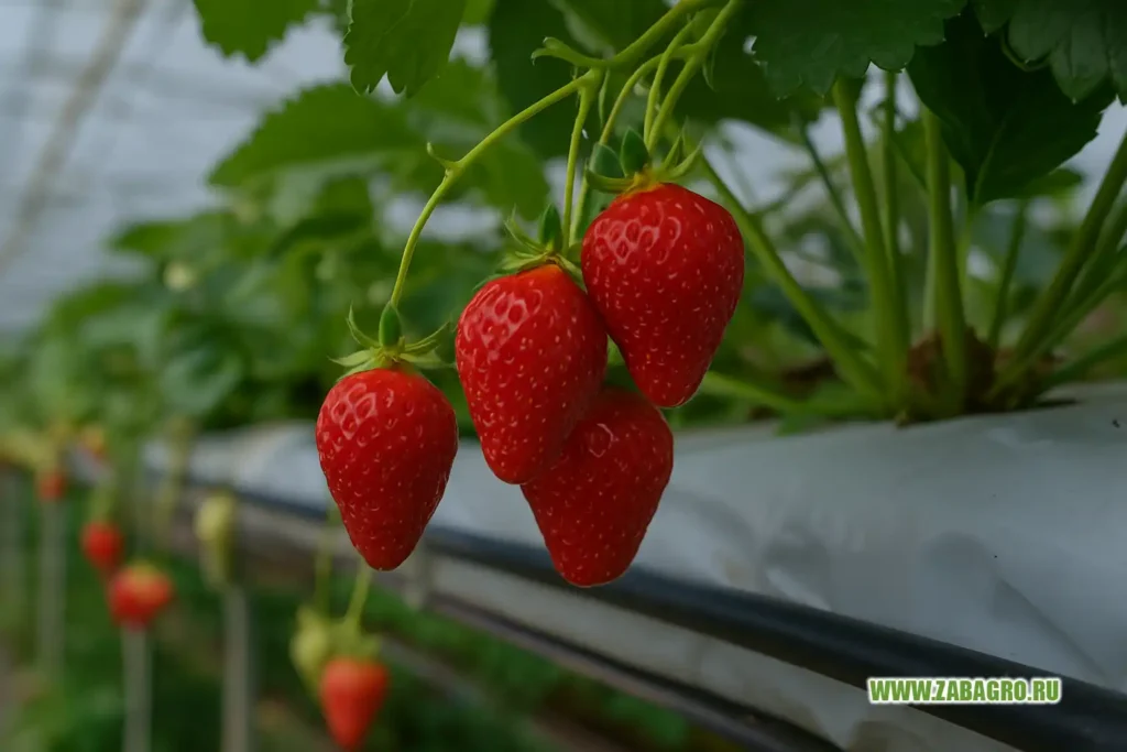 🍓 Сорт клубники Альбион: выносливый гигант для Сибири и Забайкалья 1 Крупные зрелые ягоды клубники нейтрального светового дня в теплице, подходящей для выращивания в Сибири и Забайкалье