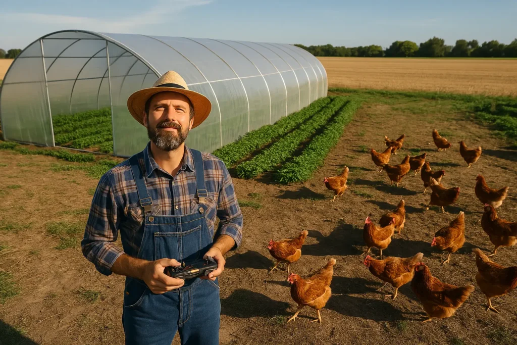 Медийные услуги для фермеров и производителей на ZabAgro 1 Фермер с пультом от дрона на фоне теплицы и кур, съёмка на хозяйстве