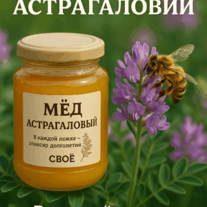Этикетка и баннер астрагалового мёда СВОЁ с описанием полезных свойств и изображением банки мёда на фоне веточки астрагала.