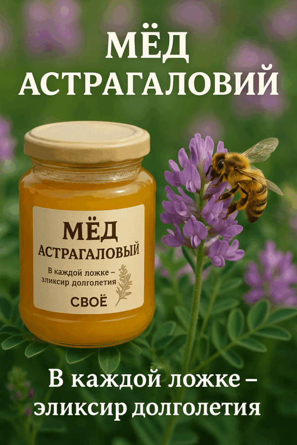 Этикетка и баннер астрагалового мёда СВОЁ с описанием полезных свойств и изображением банки мёда на фоне веточки астрагала.