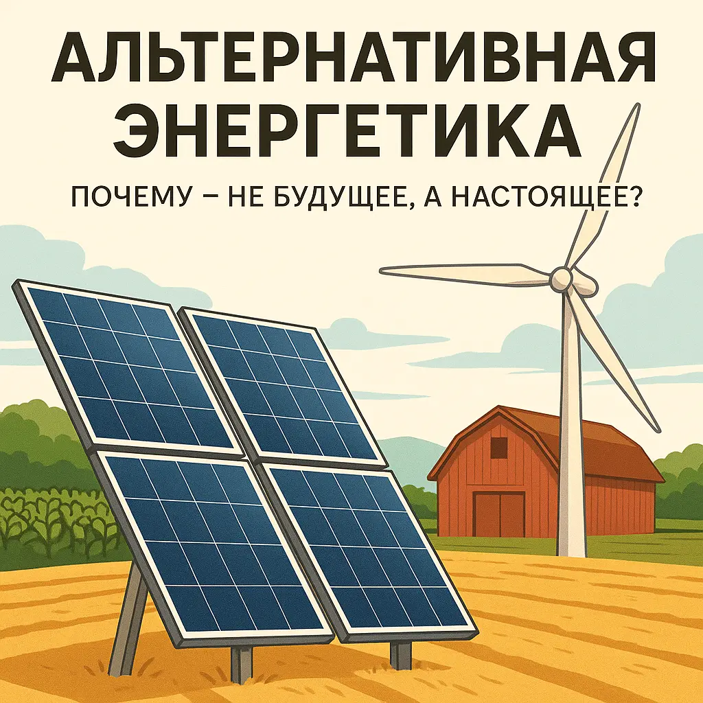 Альтернативная энергетика в действии: как обеспечить автономное питание своими руками 3 Солнечные панели и ветрогенератор рядом с фермой — иллюстрация к теме, почему альтернативная энергетика актуальна уже сегодня