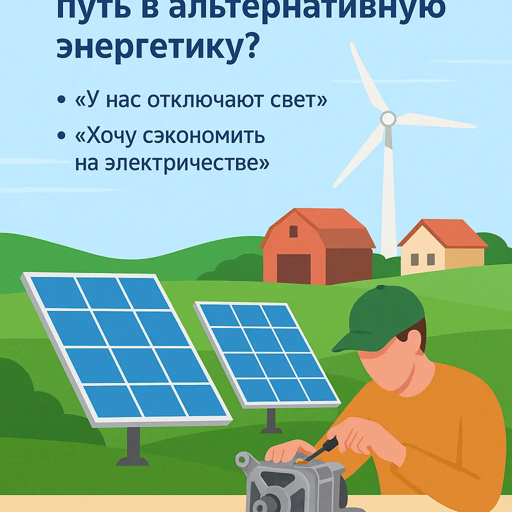 Альтернативная энергетика в действии: как обеспечить автономное питание своими руками 4 Мужчина ремонтирует мотор на фоне солнечных панелей и ветряка в деревне — первые шаги в альтернативной энергетике