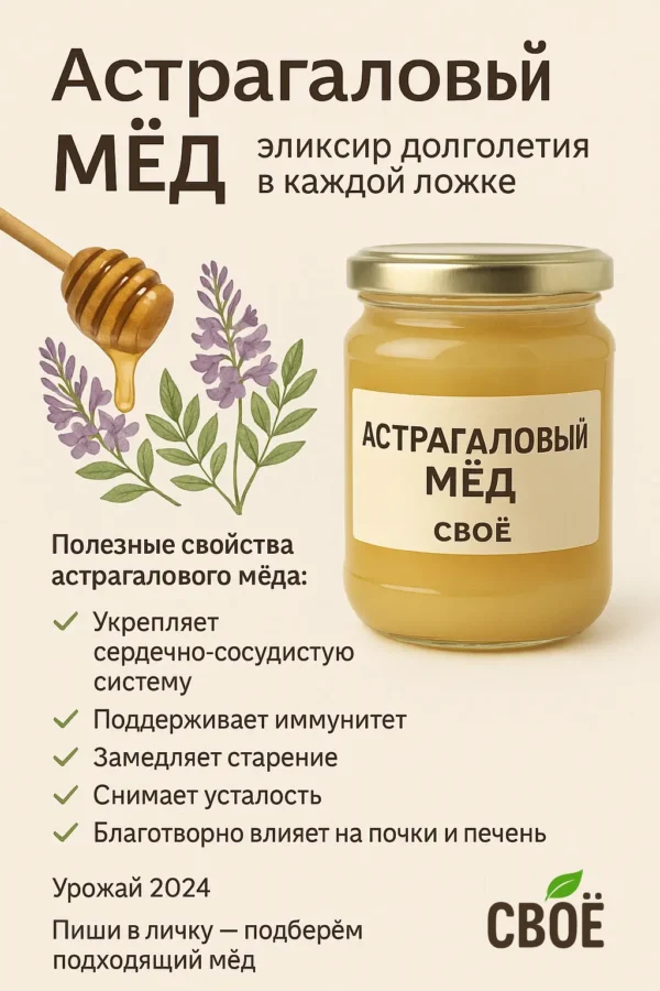 Этикетка и баннер астрагалового мёда СВОЁ с описанием полезных свойств и изображением банки мёда на фоне веточки астрагала.